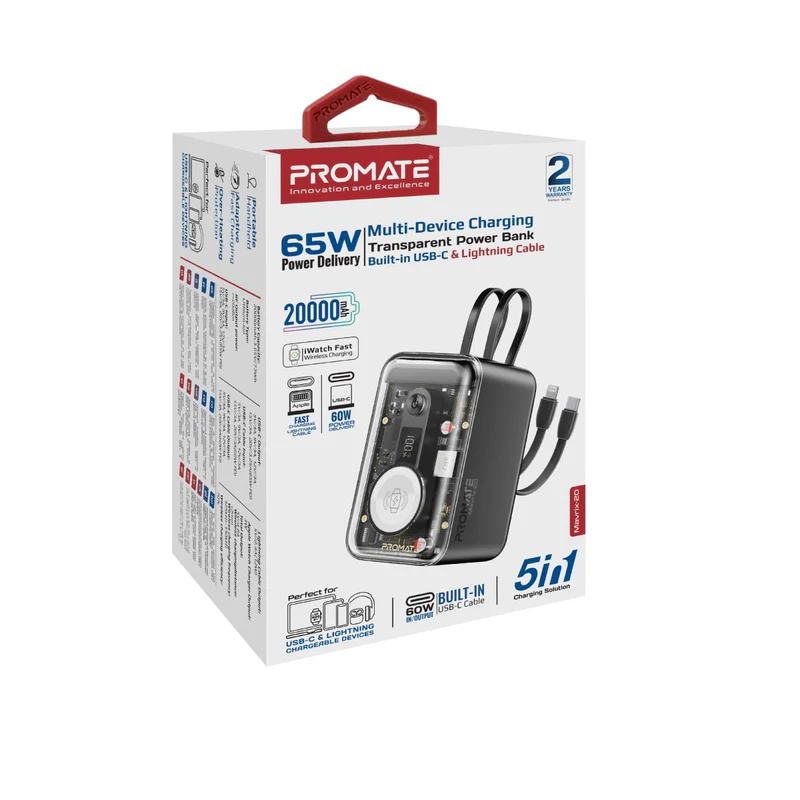 Promate Mavrix-20 65W Multi-Device Charging Transparent Power Bank with Built-In USB-C & Lightning Cable Promate Mavrix-20 65W Multi-Device Charging Transparent Power Bank with Built-In USB-C & Lightning Cable